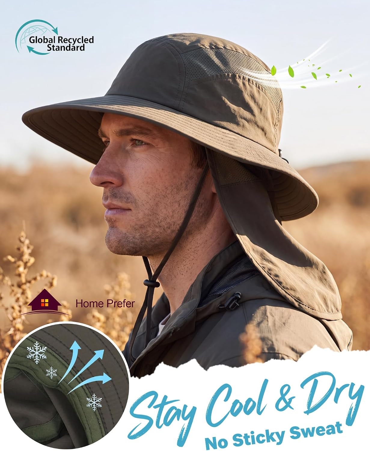UPF 50+ Sun Hat with Neck Flap Wide Brim Fishing Hat for Men