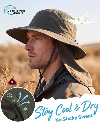UPF 50+ Sun Hat with Neck Flap Wide Brim Fishing Hat for Men