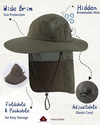 UPF 50+ Sun Hat with Neck Flap Wide Brim Fishing Hat for Men