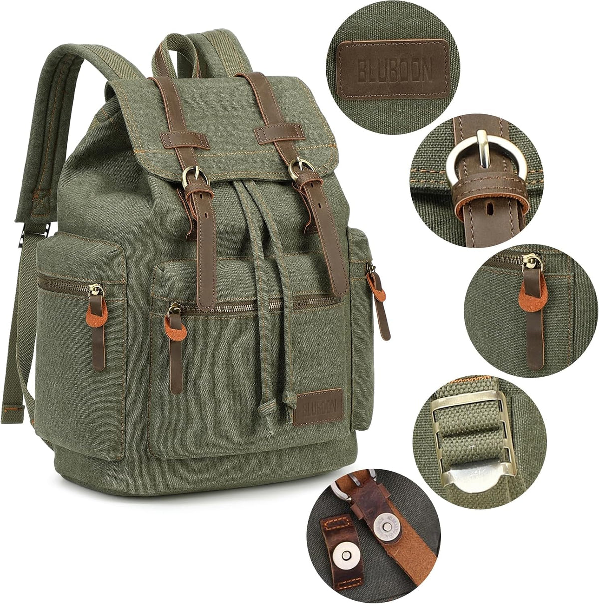 Vintage Backpack Leather Trim Casual Bookbag Men Women Laptop Travel Rucksack