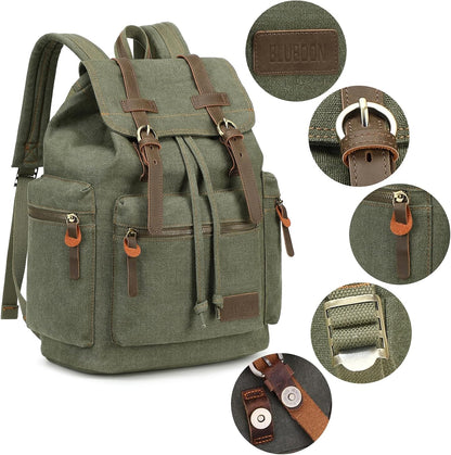Vintage Backpack Leather Trim Casual Bookbag Men Women Laptop Travel Rucksack