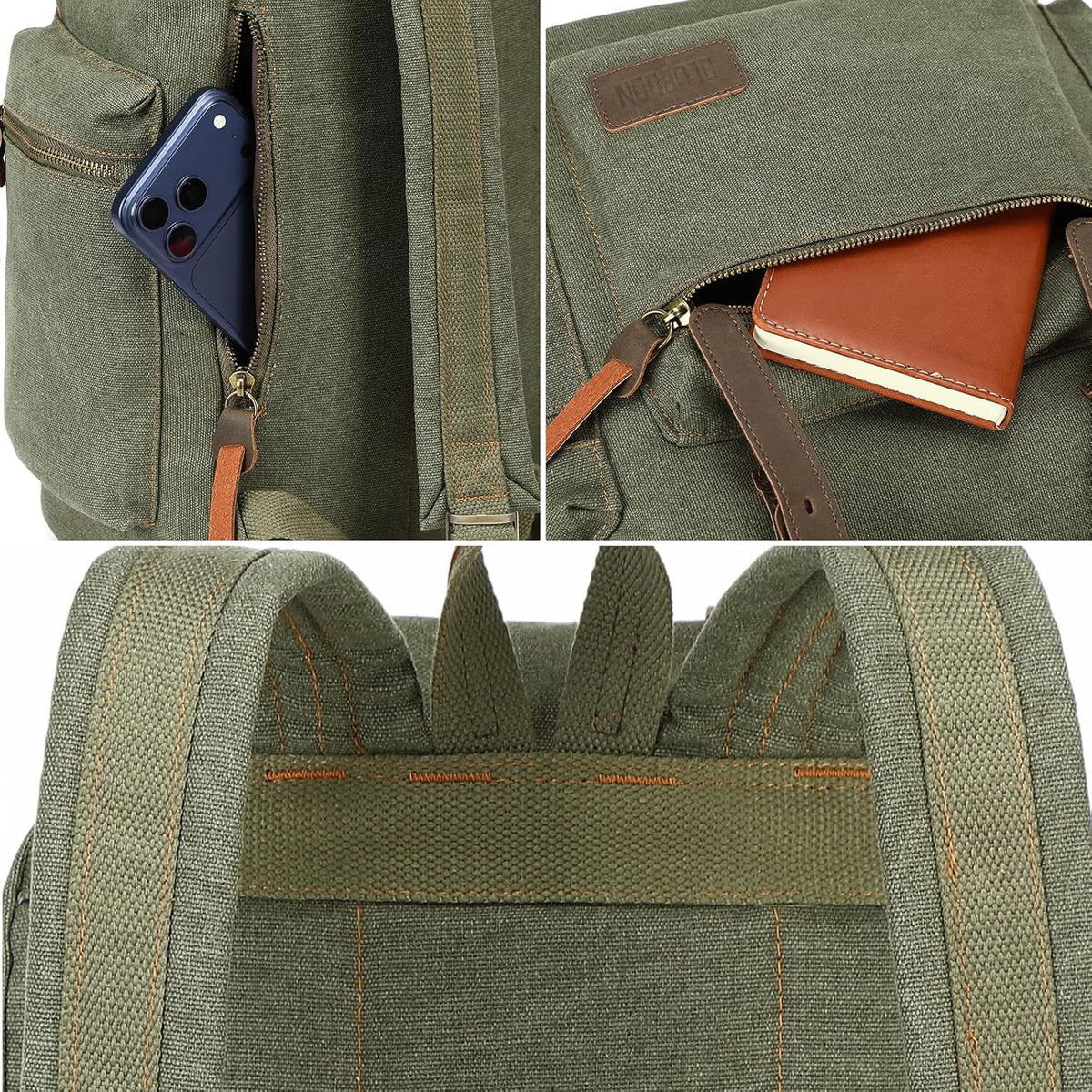 Vintage Backpack Leather Trim Casual Bookbag Men Women Laptop Travel Rucksack