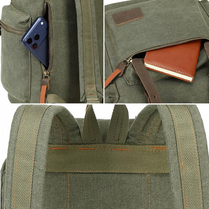 Vintage Backpack Leather Trim Casual Bookbag Men Women Laptop Travel Rucksack