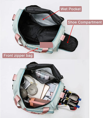 Small Gym Bag for Women, Waterproof Duffle Bag Carry on Weekender Bag with Shoe Compartment & Wet Pocket, Tote Bag for Travel, Workout, Sport