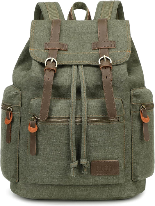 Vintage Backpack Leather Trim Casual Bookbag Men Women Laptop Travel Rucksack