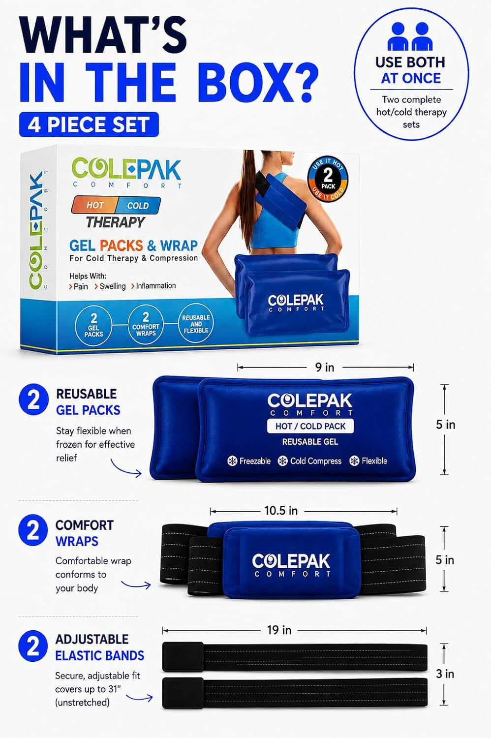 Hot & Cold Ice Packs for Injuries Reusable Gel (4 Pc Set) for Pain Relief, Joint Muscle Soreness Swelling for Knees Back Shoulder Foot