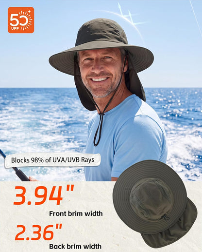 UPF 50+ Sun Hat with Neck Flap Wide Brim Fishing Hat for Men