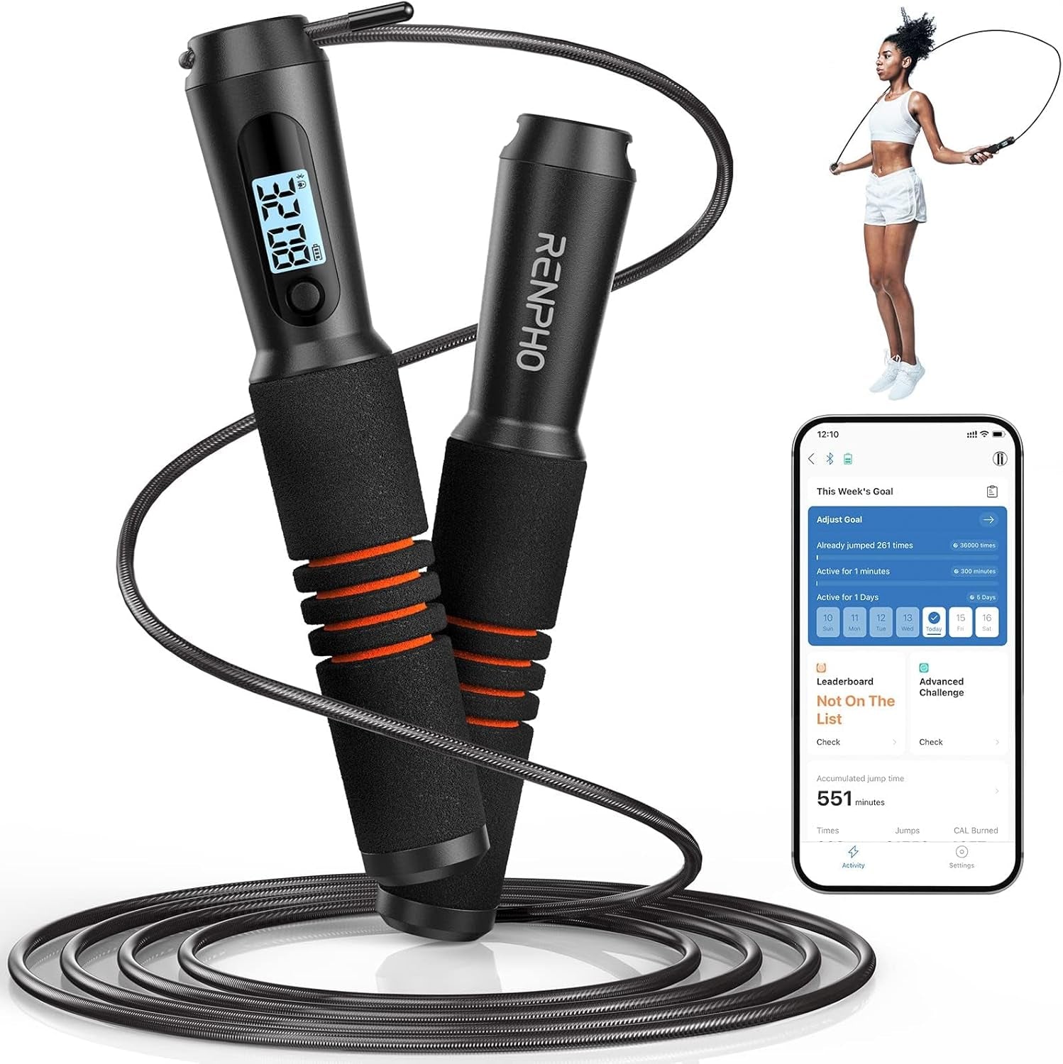 RENPHO Smart Jump Rope with Counter, App Data Tracking, LCD Display