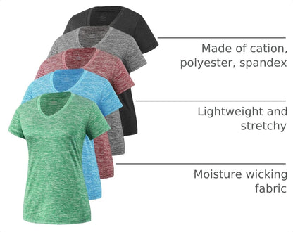 5-Pack Women'S Short Sleeve Dry Fit T-Shirt Moisture Wicking V-Neck Tee