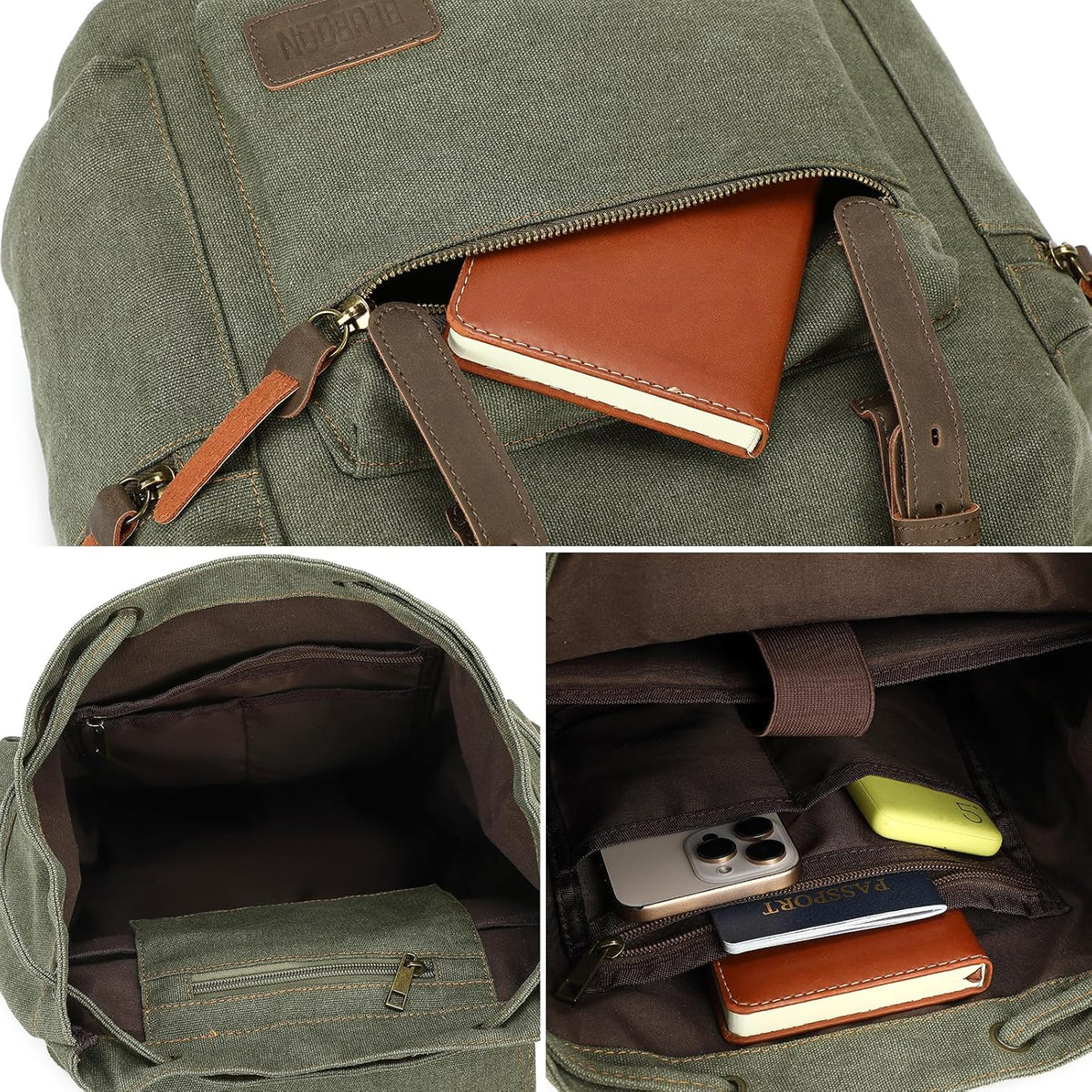 Vintage Backpack Leather Trim Casual Bookbag Men Women Laptop Travel Rucksack
