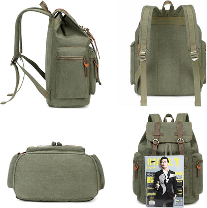 Vintage Backpack Leather Trim Casual Bookbag Men Women Laptop Travel Rucksack