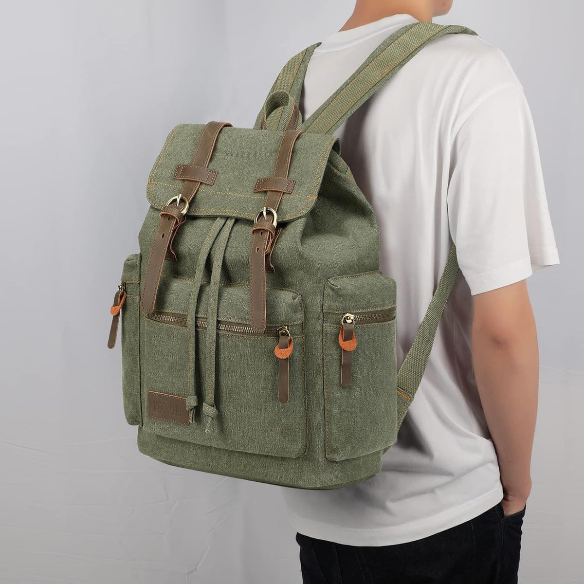 Vintage Backpack Leather Trim Casual Bookbag Men Women Laptop Travel Rucksack
