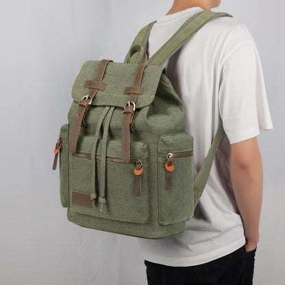 Vintage Backpack Leather Trim Casual Bookbag Men Women Laptop Travel Rucksack