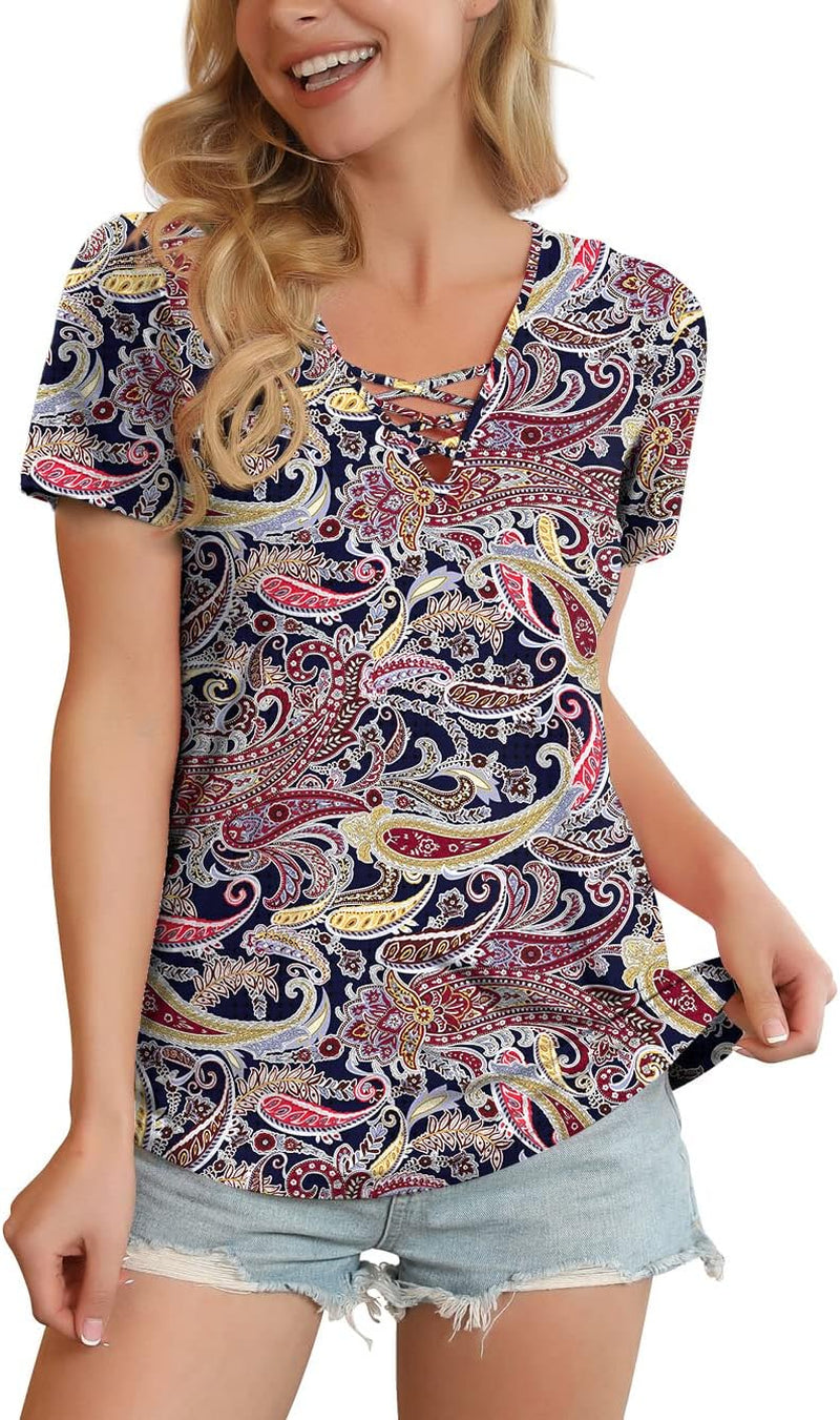 Women'S Short Sleeve Criss Cross Casual Short Sleeve Basic Blouse