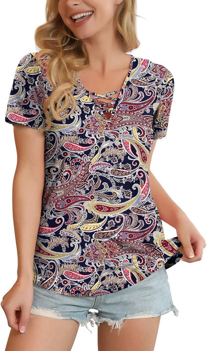 Women'S Short Sleeve Criss Cross Casual Short Sleeve Basic Blouse